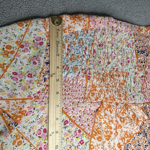 Rose+Olive Top 1X Patchwork Print Orange Pink Floral Boho Smocking Drape Light - Picture 13 of 14